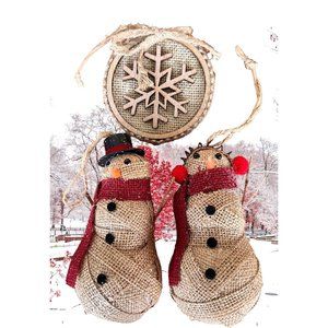 Vintage Handmade Snowflake Mr Mrs Snowman Ornaments Set of 3 Burlap One …